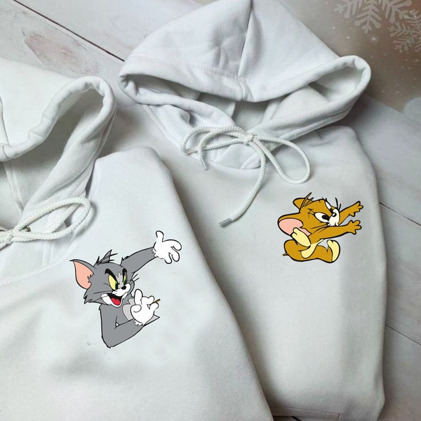 Tom et Jerry Couple Hoodie, Valentie Cadeaux, Valentine Couple Hoodie, Couple Hoodie Gift - Pour elle pour lui Cadeau, Fun Anniversary Hoodie