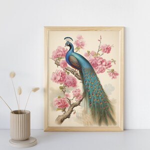 Peacock with flowers Digital Print, Vintage Peacock Print, Wall Decor, Pink flowers illustration, Botanical Bird Print