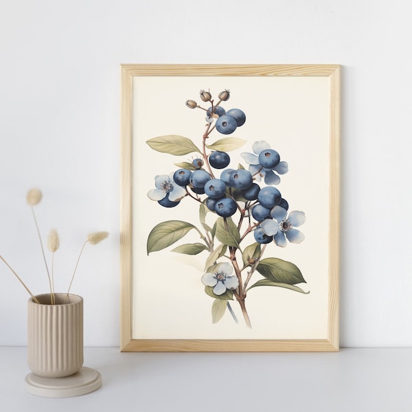 Blueberry Prints, Blueberry Botanical Illustration, Wall Decor, Vintage Art Print, Vintage Poster Set