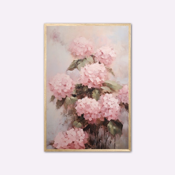 Hydrangea Oil Painting Print, Pink Hydrangea Digital Print, Flower Art, Print for Bedroom, Printable Wall Decor, Botanical Vintage Poster