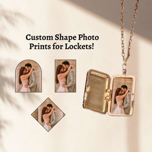 May include: A gold-colored locket necklace with a rectangular pendant, open to reveal a photograph. The image also shows three custom photo prints in different shapes. Text reads: "Custom Shape Photo Prints for Lockets!"