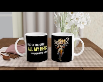 Overwatch Play of the Game Mug – Mercy Moira Kiriko Lucio Illari Wuyong & More – FPS Gamer Gift Cup for Support Mains