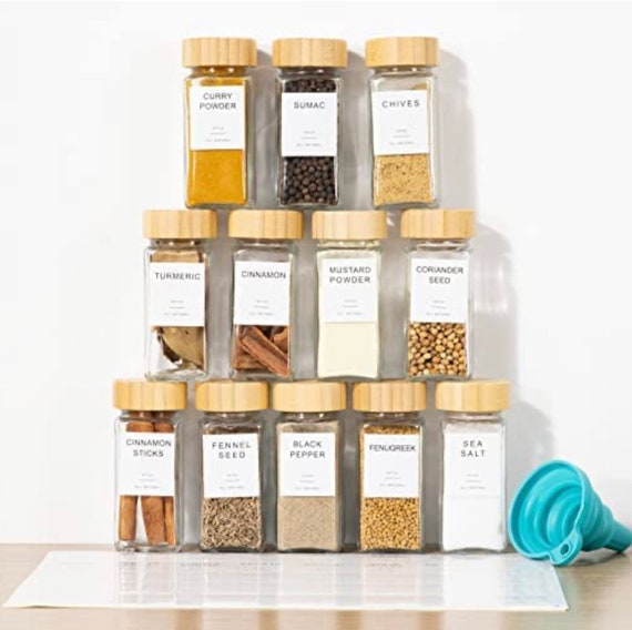 12PCS Glass Spice Jars Set-glass Jars With Bamboo Lids With Shaker Lids  Spices & Seasoning Kitchen Storage Organisation and Labels Stickers 