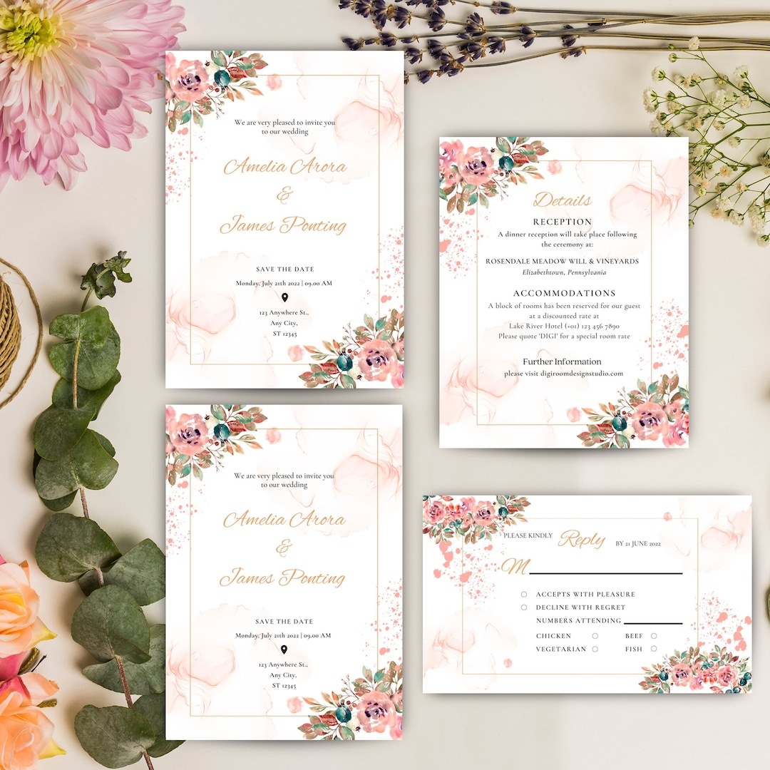 Marriage Invitation Card Set Template, Instant Download Printable