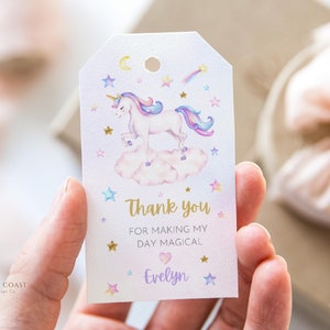 Editable Unicorn thank you tags, Unicorn party favors, thank you tag, Unicorn birthday girl or boy digital template, instant download.
