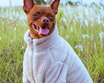 Premium beige faux fleece pet sweater with zip-up collar & double-layer thickness for warmth. Free size customization available.