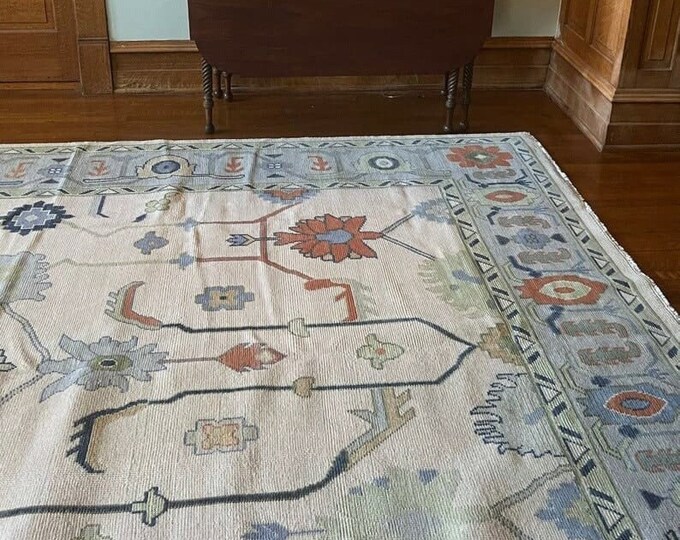 8X9 . Colorful Geometric Oushak Rug – Hand-Knotted Cream Area Carpet with Traditional Tribal Motifs and Bold Border Design