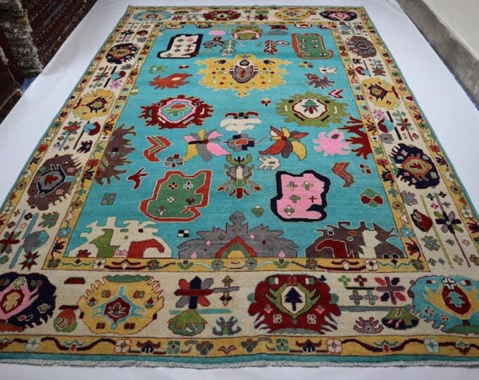 Turkish Oushak Rug: Super Fine Quality 100% Hand-Knotted Wool Multicolor Contemporary Rug for Living Room