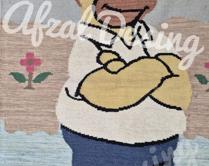 Handmade Cartoon Character Kilim Rug | Colorful Wool Flatweave Art Carpet | Playful Kids Room Decor