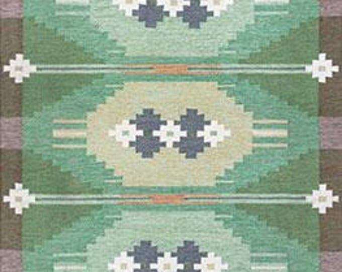 Swedish Marianne kilim rug Richter-Inspired Kilim Rug 12x15 Handwoven Scandinavian Masterpiece in Green Tones, Cotton New Zealand Wool