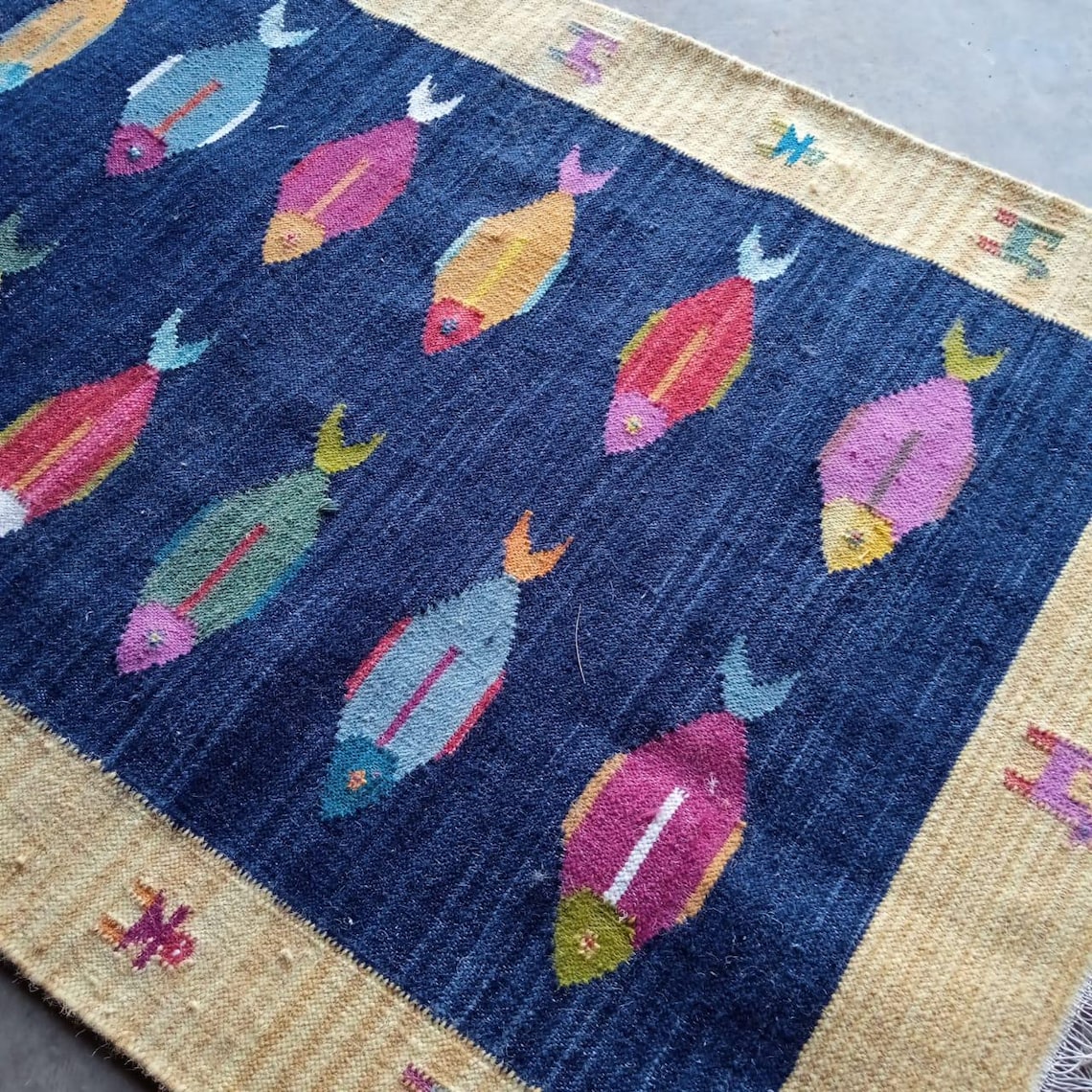 Kilim Fish Rug Swedish Kilim Wool Rug: Handwoven Fish Motif, Navy & Beige Border - Etsy