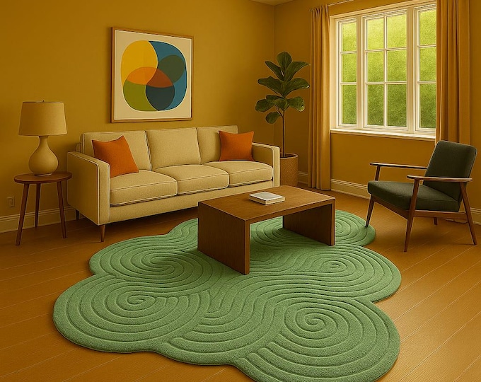 Handmade Tufted Green Rug – Modern Organic Swirl Pattern Designer Carpet