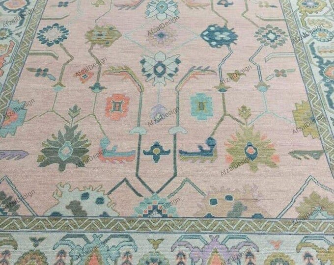 Hand-Knotted Turkish Oushak Rugs for Office & Bedroom Pink Grey Tones, New Zealand Wool Cotton