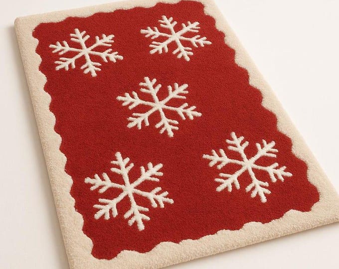 Handmade Tufted Christmas Rug, Red Snowflake Holiday Mat, Winter Decor Carpet, Festive Seasonal Area Rug