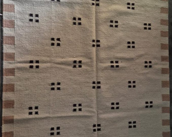 Swedish Richter Inspired Handmade Beige Kilim Rug Minimalist Wool Flatweave Carpet Modern Boho Area Rug with Geometric Border Masterpiece