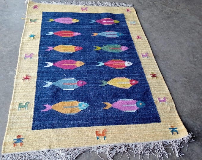 Swedish Marianne  Kilim Rug in   Richter-Inspired Hand Handwoven Wool Fish Motif Rug – Vibrant Gabbeh Style Carpet with Navy & Beige Border
