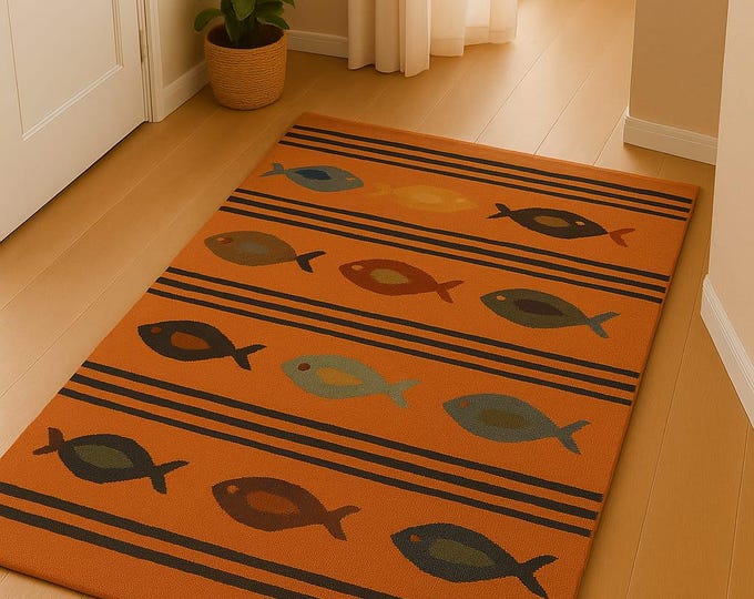 Swedish Marianne  Handmade Woolen Fish Pattern Rug – Playful Orange Mat for Kids & Hallway Decor