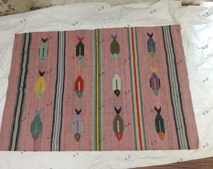 Swedish Marianne  Kilim Rug Handwoven Fish Motif Kilim Rug – Pink Wool Flatweave Carpet with Multicolor
