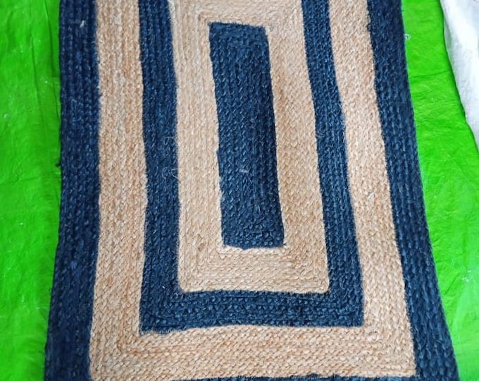5X8 Hand-Braided Oval Jute Area Rug with Navy Blue Border – Natural & Coastal Style"