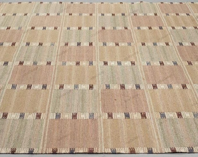 New Swedish Kilim Rug Handmade Vintage Style Flat Weave  Scandinavian Nordic Design Green Blue Wool Kilim Boho Tribal Area Rug Masterpiece