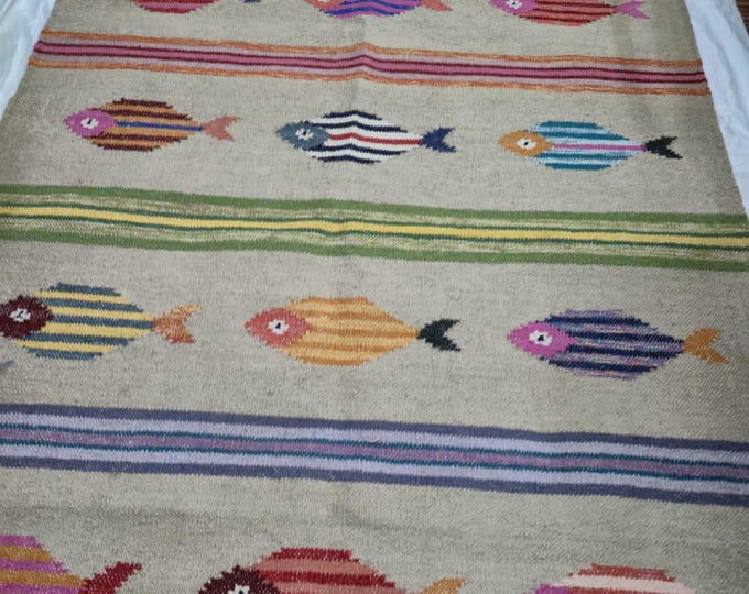 Swedish Marianne  Kilim Rug Handwoven Fish Motif Kilim Rug – Pink Wool Flatweave Carpet with Multicolor