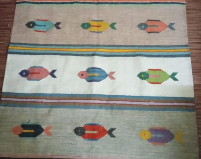 Handmade Swedish Kilim Rug: Abstract Fish Motif Wool Carpet