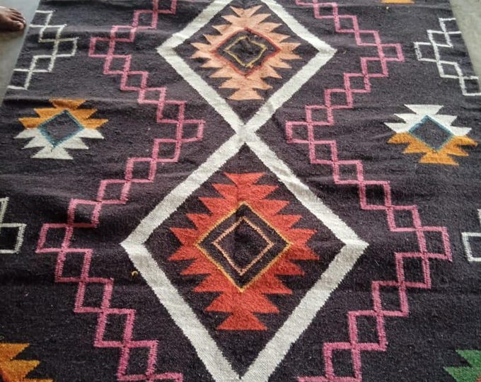 Swedish Marianne  Kilim Rug  Handmade Geometric Kilim Rug – Tribal Pattern Wool Carpet in Bold Multicolor on Black Base"