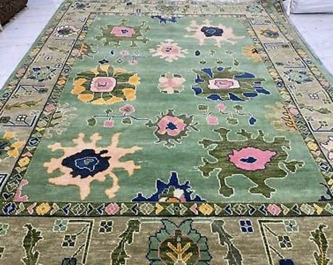 Turkish Oushak Rug Hand-Knotted Wool Carpet with Floral Motifs  Rugs for Office  Bedroom Bronze Tones New Zealand Wool  Cotton