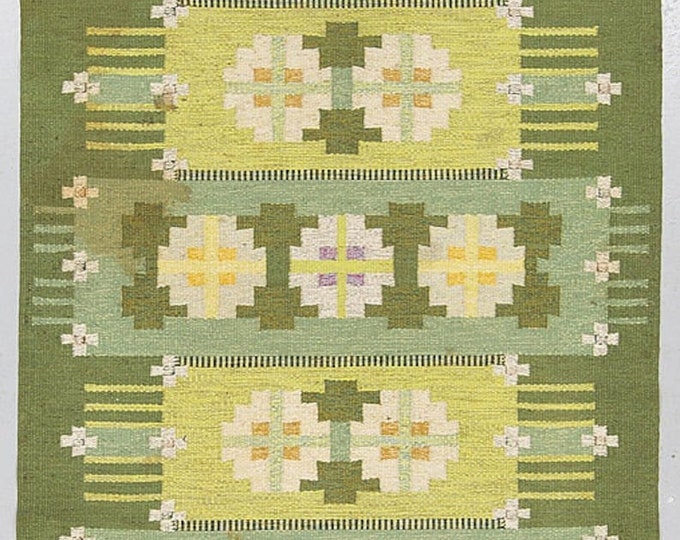 Handwoven Swedish Kilim Rug: Muted Green Southwestern Design