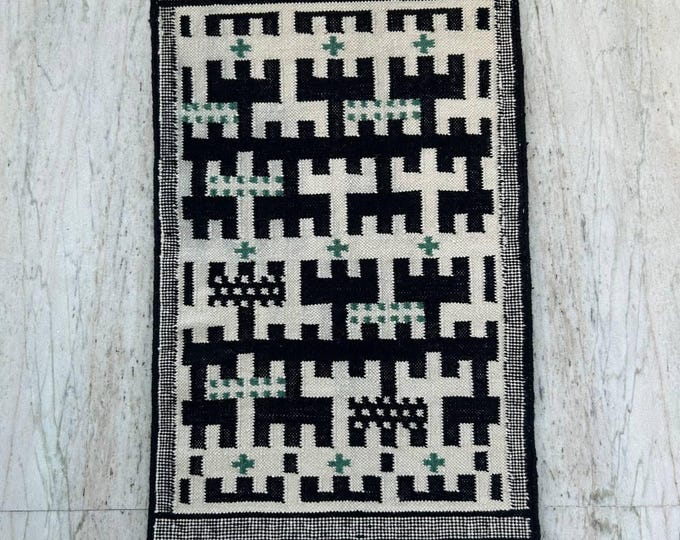 Handmade Swedish Kilim Rug: Beige Black Abstract Geometric Carpet