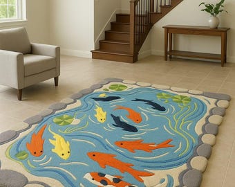 Hand Tufted Wool Koi Pond Rug, 3D Carved