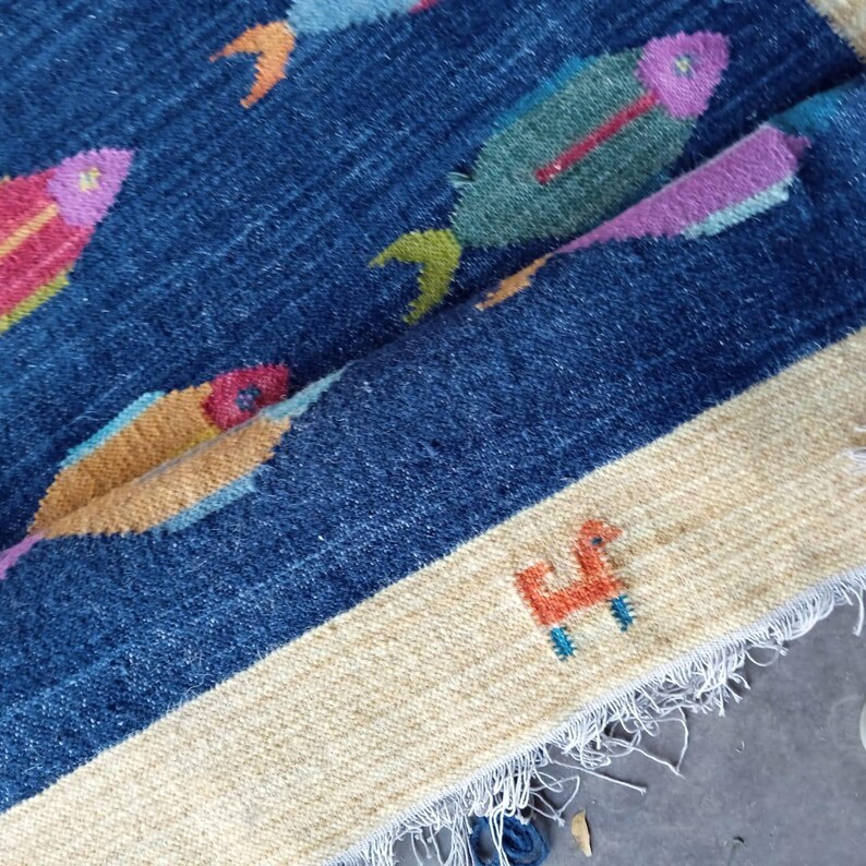 Kilim Fish Rug Swedish Kilim Wool Rug: Handwoven Fish Motif, Navy & Beige Border - Etsy