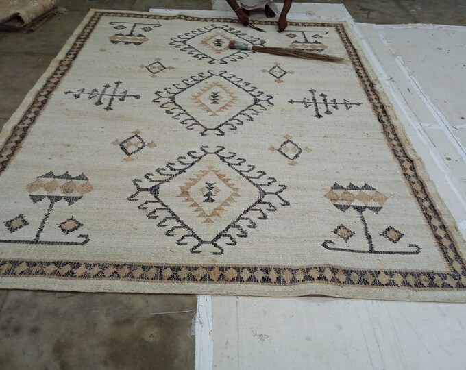 Kilim Rug Swedish  Marianne Richter-Inspired  zout Dari Designer Handmade Rug Cream Rug & Brown Rug