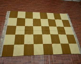 Handwoven Checkered Kilim Rug: Brown Cream Wool Flatweave