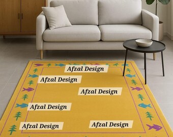 May include: A rectangular yellow rug with a border of colorful fish and trees. The rug has the text "Afzal Design" repeated across its surface. The rug is placed in a living room setting.