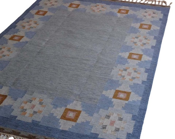 Swedish Marianne Richter Inspired Kilim Rug Handwoven Blue Kilim Rug with Geometric Border and No Fringe - Scandinavian Flataway Wool Carpet