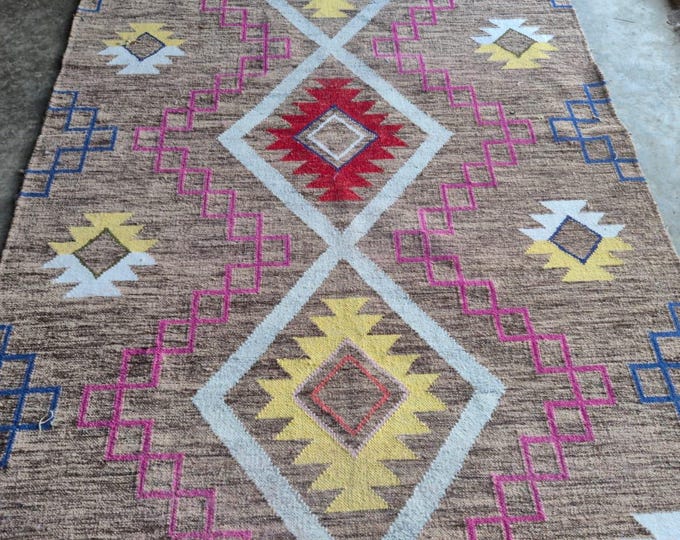 Handmade wool rug. Geometric flat weave masterpiece without fringe.   Masterpiece .
