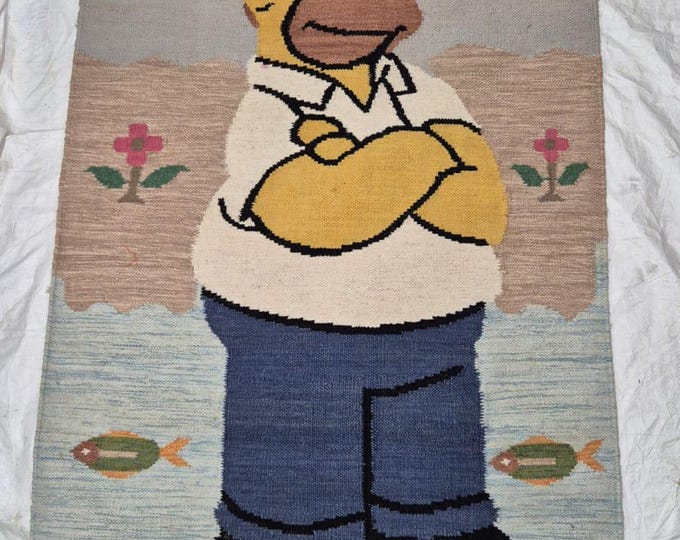 Handmade Cartoon Character Kilim Rug | Colorful Wool Flatweave Art Carpet | Playful Kids Room Decor