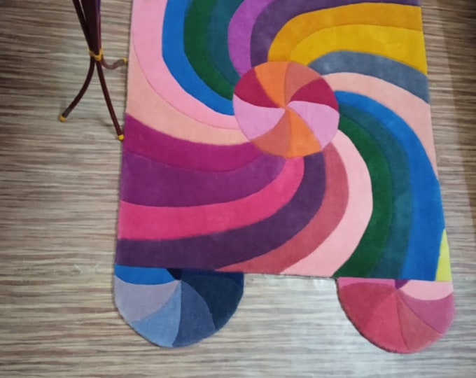 Hand Tufted Abstract Swirl Rug Vibrant Multicolored Geometric Wool Carpet for Modern Interiors Textured .