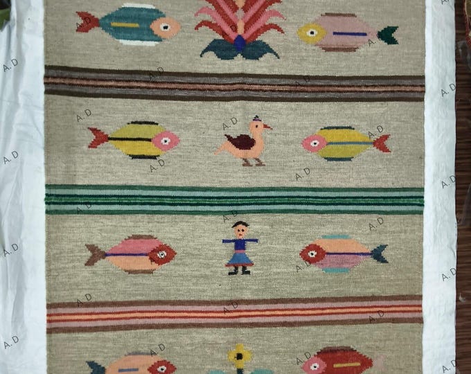 Swedish Marianne  Handwoven Wool  Kilim Rugs – Fish, Bird & Folk Motif Flatweave Rug in Earthy Tones