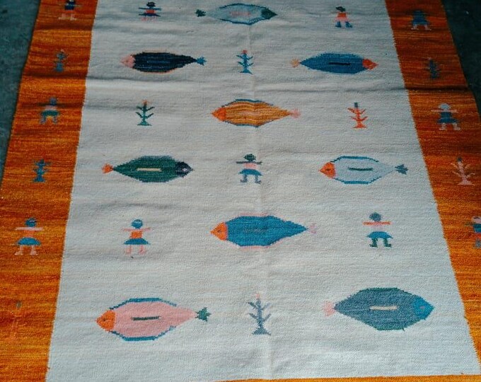 Swedish Marianne  Kilim Rug Handmade Kilim Rug with Fish and Tribal Motifs – Wool Flatweave Carpet in Cream and Orange Tones"