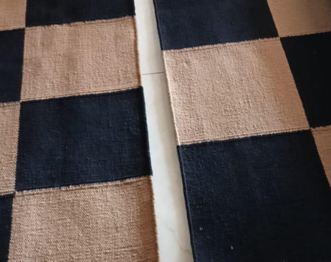 New Swedish Handwoven Checker Pattern Tittal Kilim Rug – Black & Beige Geometric Runner Masterpiece
