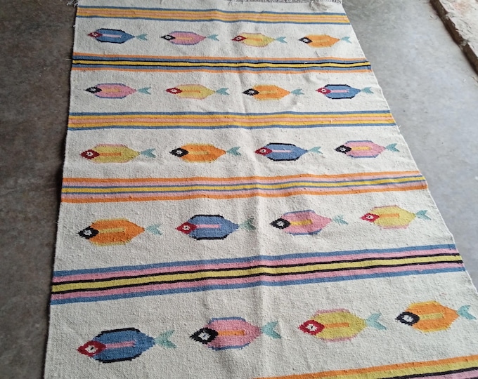 Handwoven Kilim Fish Design Rug, Colorful Flatweave Carpet, Boho Tribal Area Rug, Wool Dhurrie Floo