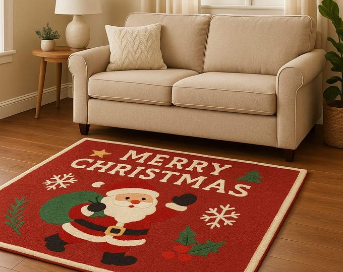 Hand Tufted Wool Christmas Rug, Santa Doormat
