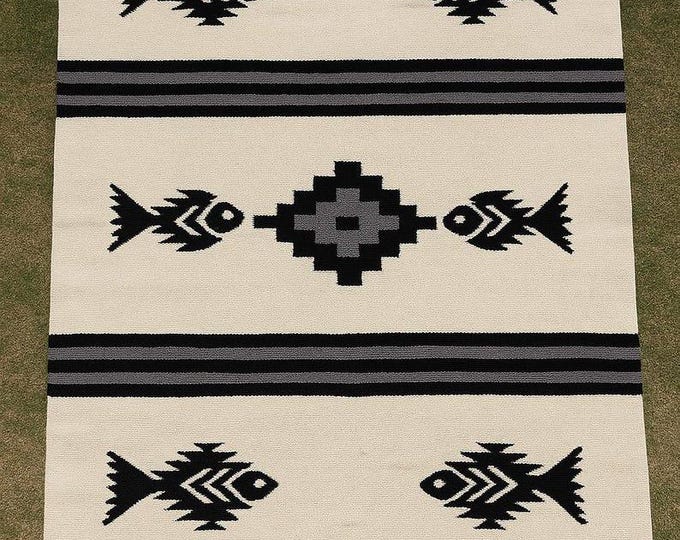 Handmade Fish Design Kilim Rug, Black and White Tribal Area Rug, Nautical Coastal Carpet, Handwoven Wool Rug, Custom Size Floor Decor