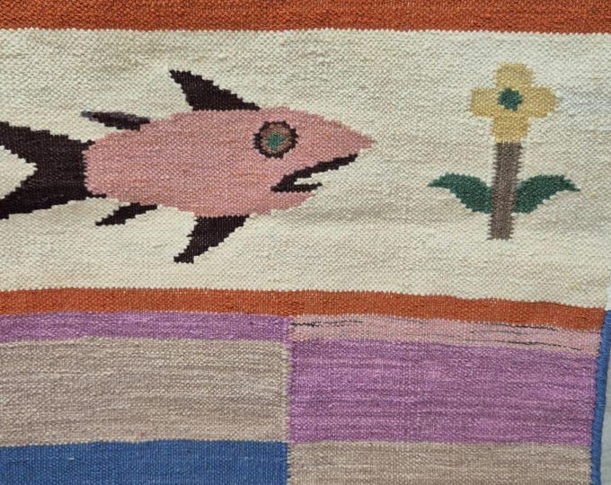 Handmade Tittal Kilim Rug with Pink Fish & Flower Design | Colorful Block Pattern | Boho Wool Area Rug | Vintage Tribal Decor