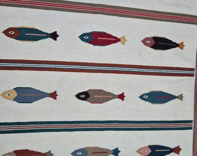 Swedish Kilim inspered Handwoven Fish Design Kilim Rug – Wool Tribal Area Carpet with Coastal Motif