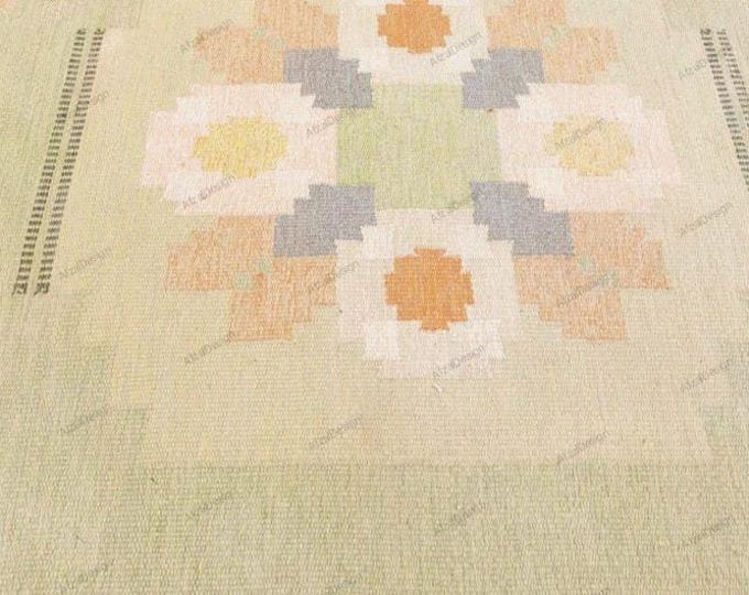 New Swedish Marianne Richter-Inspired Kilim Rug – 12x18 Handwoven Scandinavian   Wool in Wheat and Tan"Masterpiece