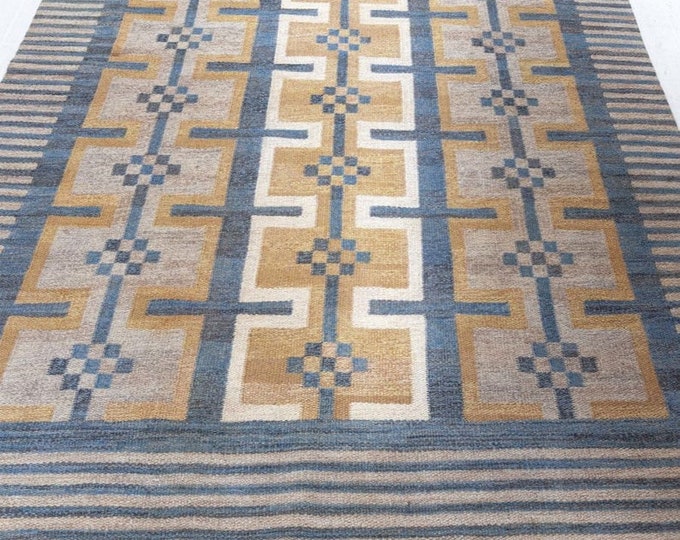 Swedish Marianne Richter-Inspired Kilim Rug – 12x15 Handwoven Scandinavian Masterpiece in Gold and Grey, Cotton & New Zealand Wool"
