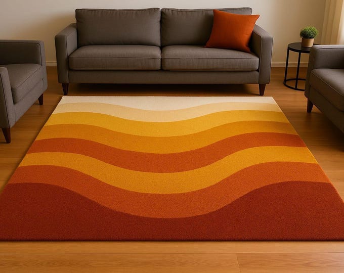 Handmade Rug Pattern Tufted Rug – Retro Aesthetic Floor Mat, Sunset Gradient Carpet, Custom Color Wavy Rug for Living Room & Bedroom Decor